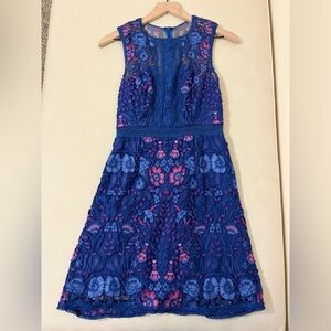 Marchesa Notte Dress - Women’s 2 Blue Pink - Embroidered Floral Mini